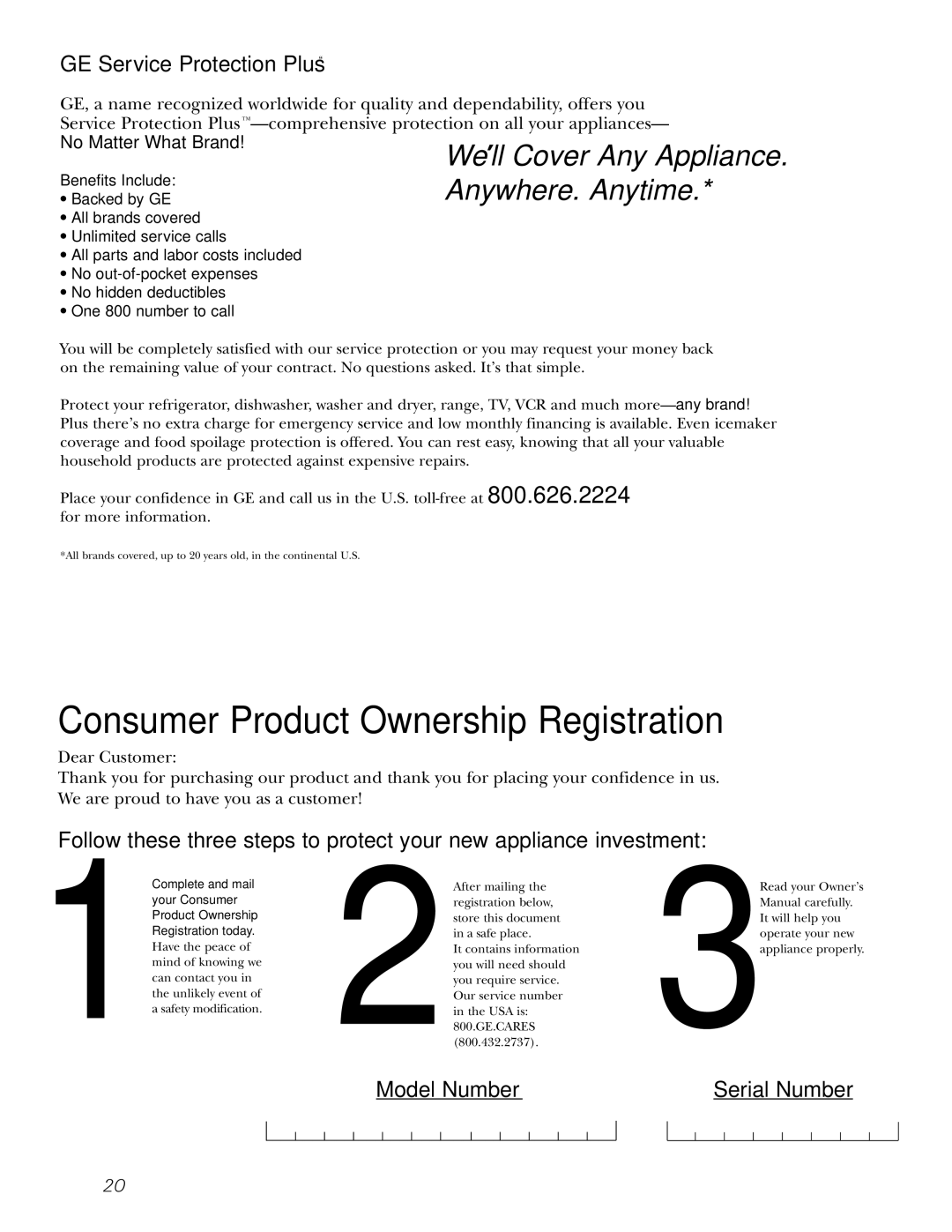 GE GSF25IGZWW manual Consumer Product Ownership Registration 