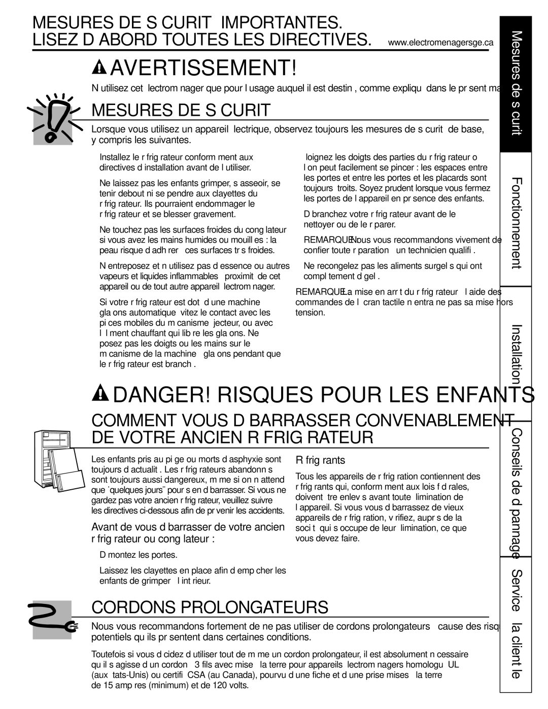 GE GSF25IGZWW manual Fonctionnement, La clientèle, Réfrigérants 