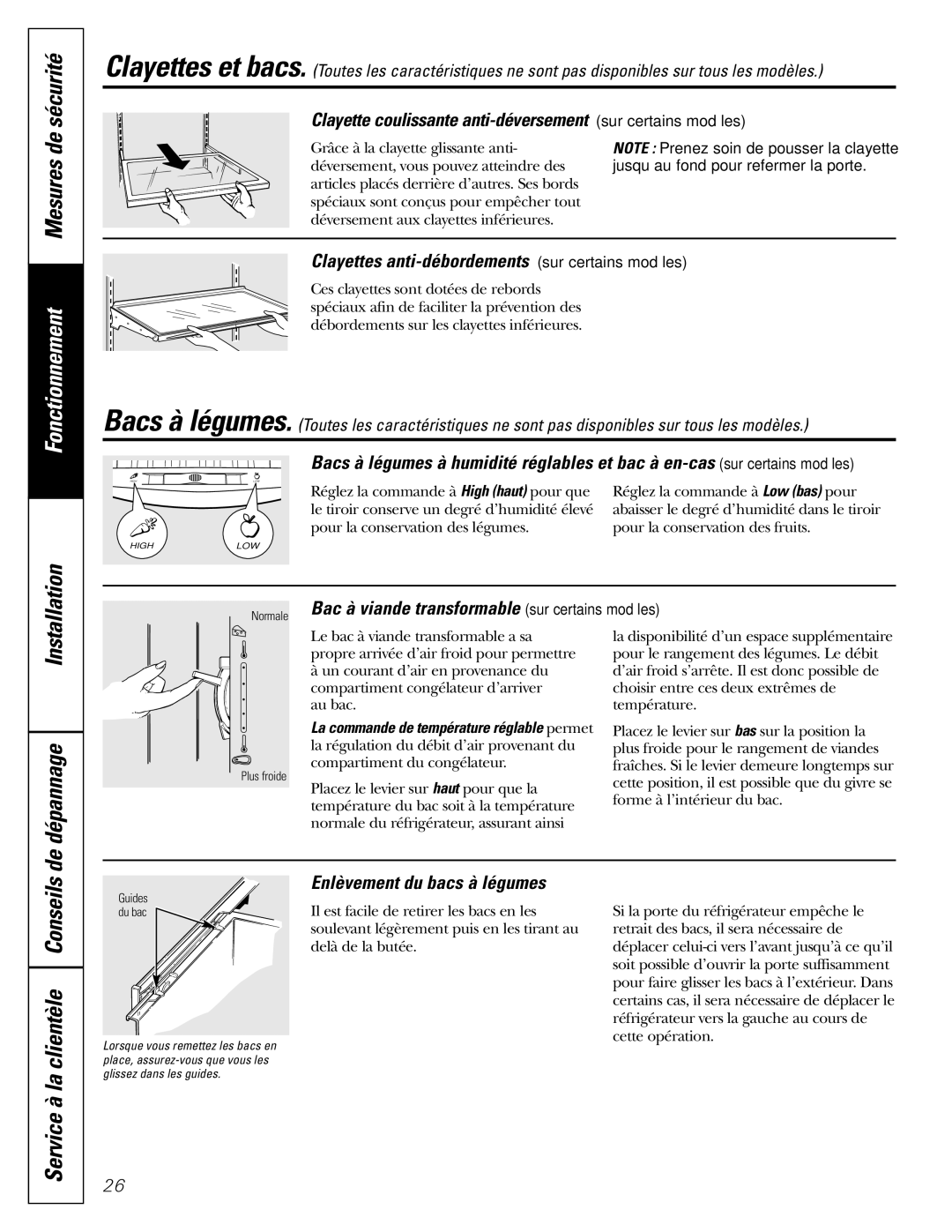 GE GSF25IGZWW manual Installation De dépannage, Clayette coulissante anti-déversement sur certains modèles 