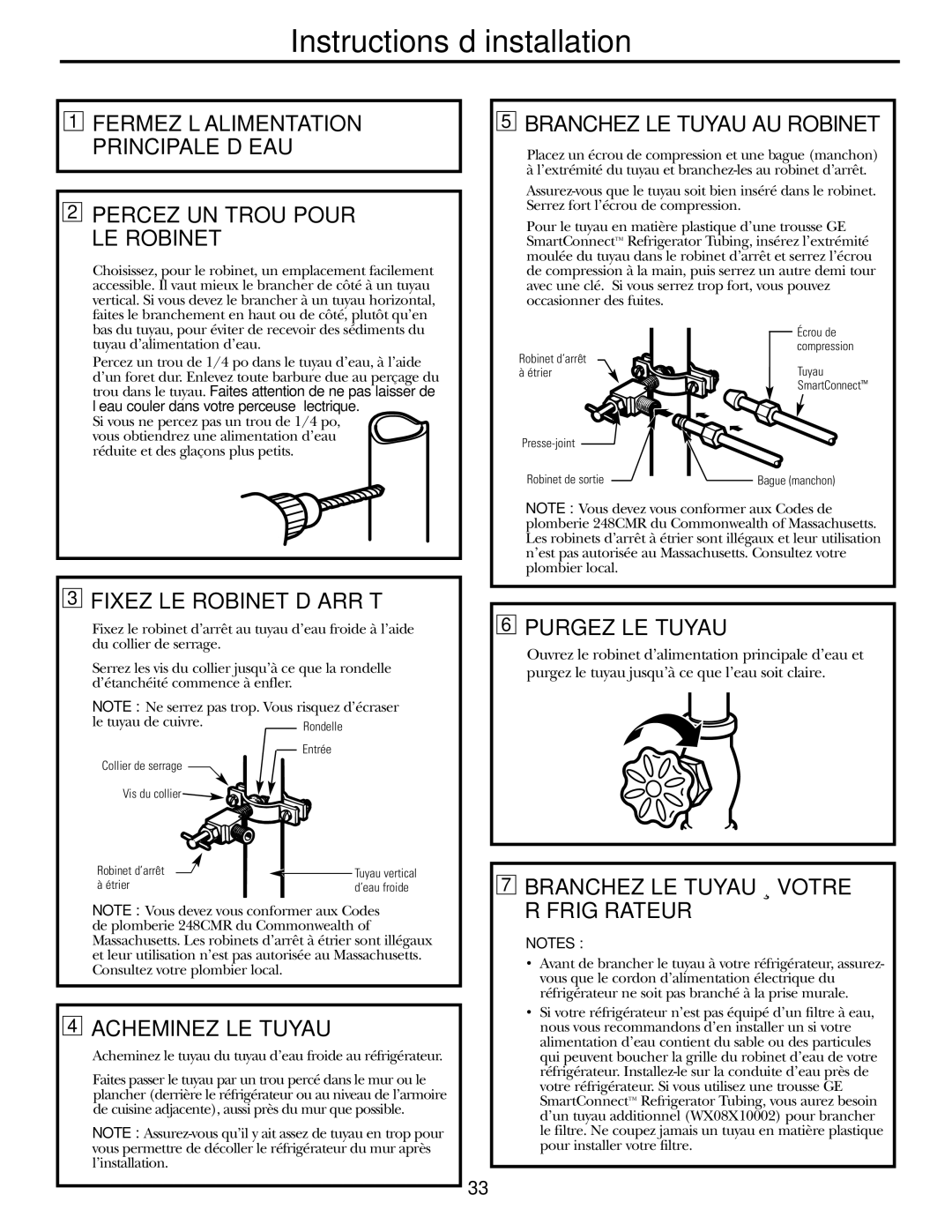 GE GSF25IGZWW Percez UN Trou Pour LE Robinet, Branchez LE Tuyau AU Robinet, Fixez LE Robinet D’ARRÊT, Acheminez LE Tuyau 