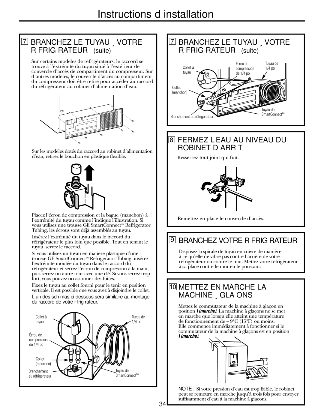 GE GSF25IGZWW manual Fermez L’EAU AU Niveau DU Robinet D’ARRÊT, Branchez Votre Réfrigérateur, Marche 