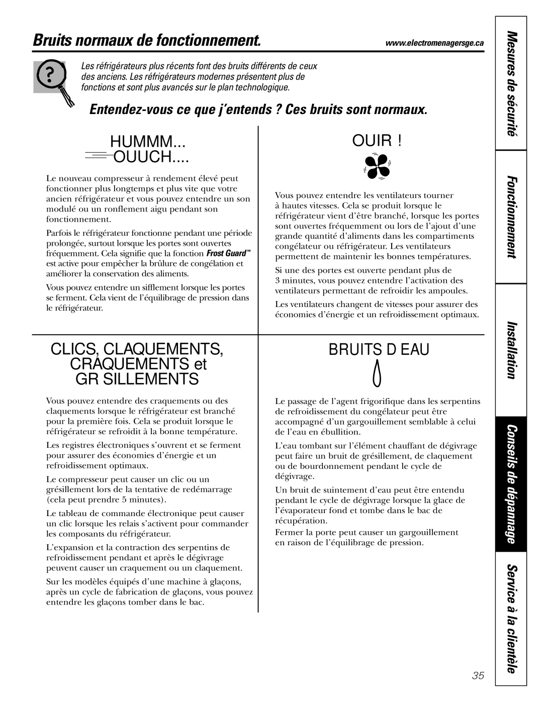 GE GSF25IGZWW manual Bruits normaux de fonctionnement, Mesures de sécurité Fonctionnement Installation 