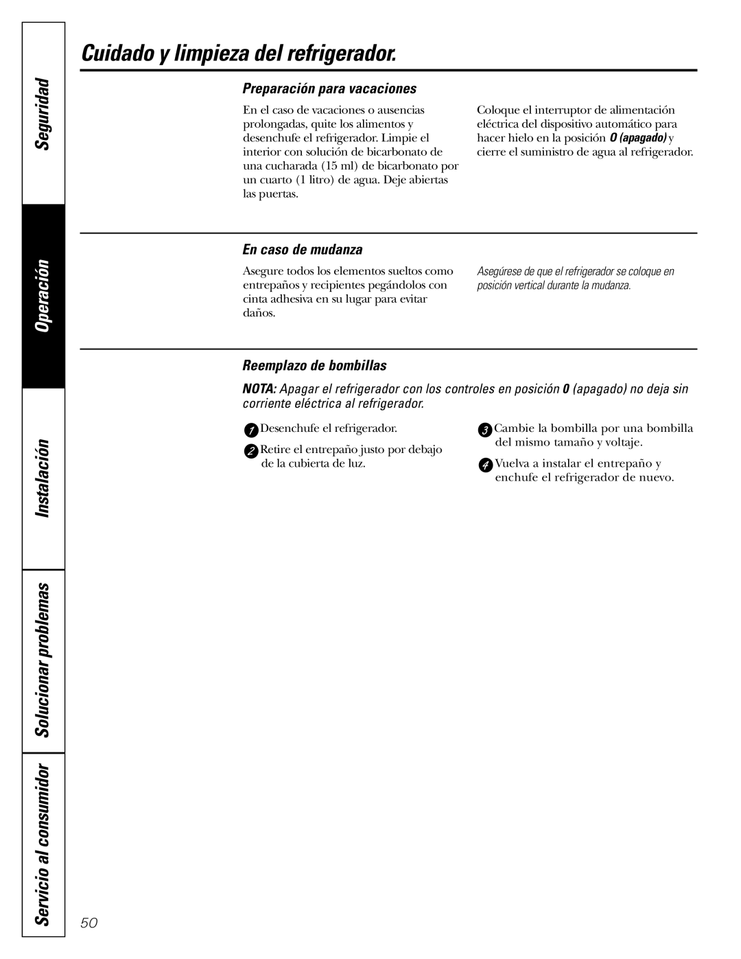 GE GSF25IGZWW manual Preparación para vacaciones, En caso de mudanza, Reemplazo de bombillas 