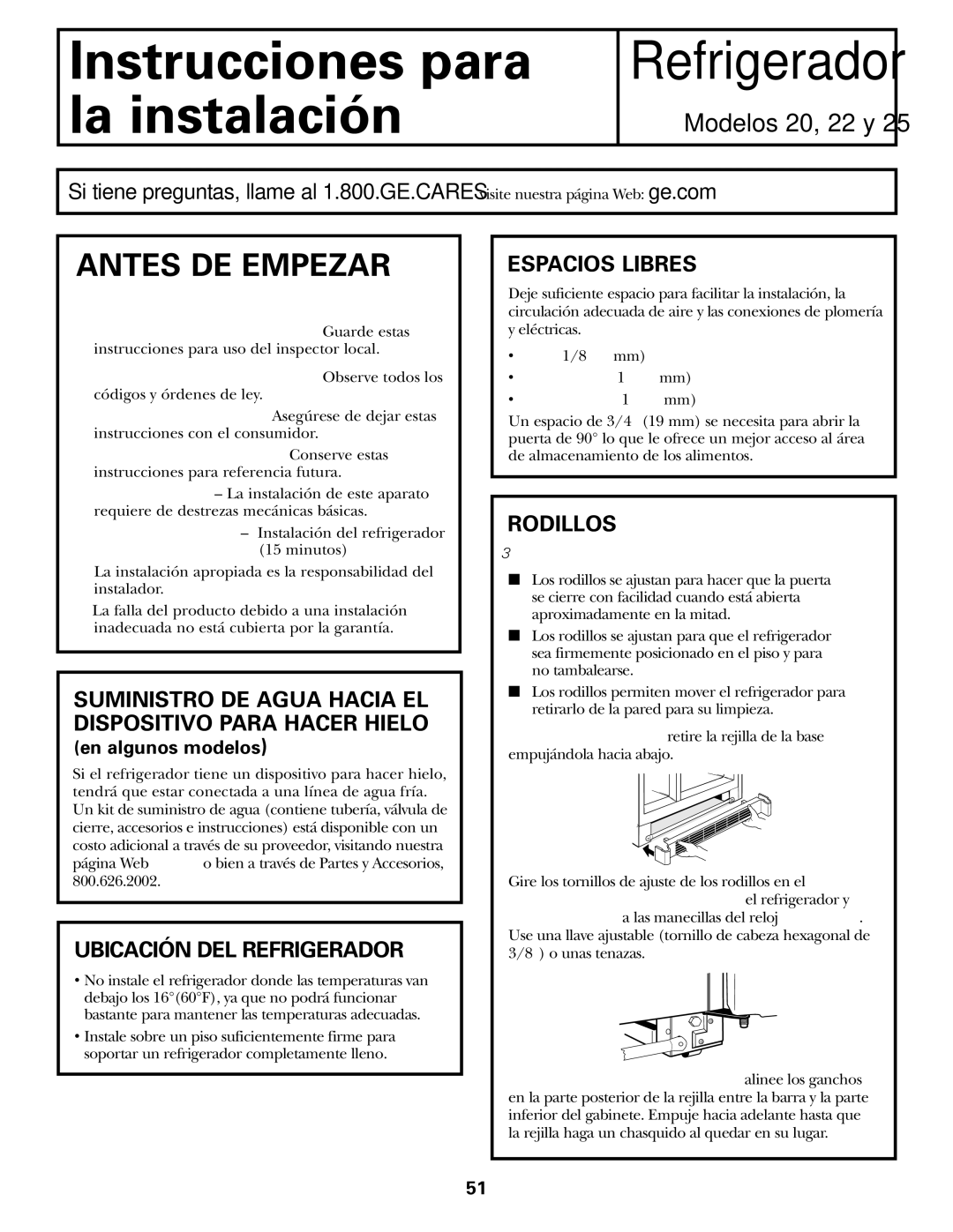 GE GSF25IGZWW manual Ubicación DEL Refrigerador, Espacios Libres, Rodillos 