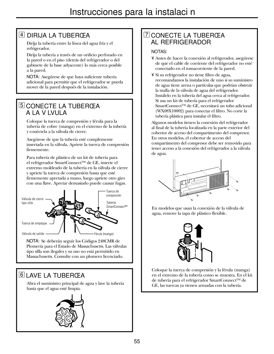 GE GSF25IGZWW manual Dirija LA Tubería, Lave LA Tubería 