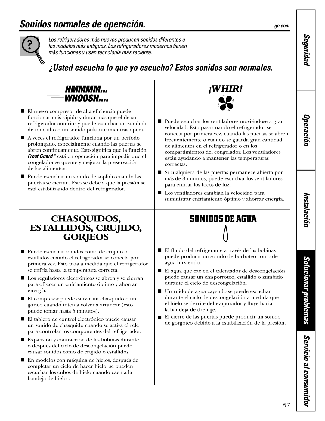 GE GSF25IGZWW manual Sonidos normales de operación, Seguridad Operación Instalación 