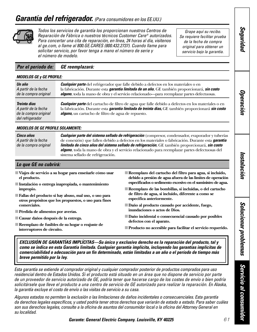 GE GSF25IGZWW manual Por el período de GE reemplazará, Lo que GE no cubrirá 