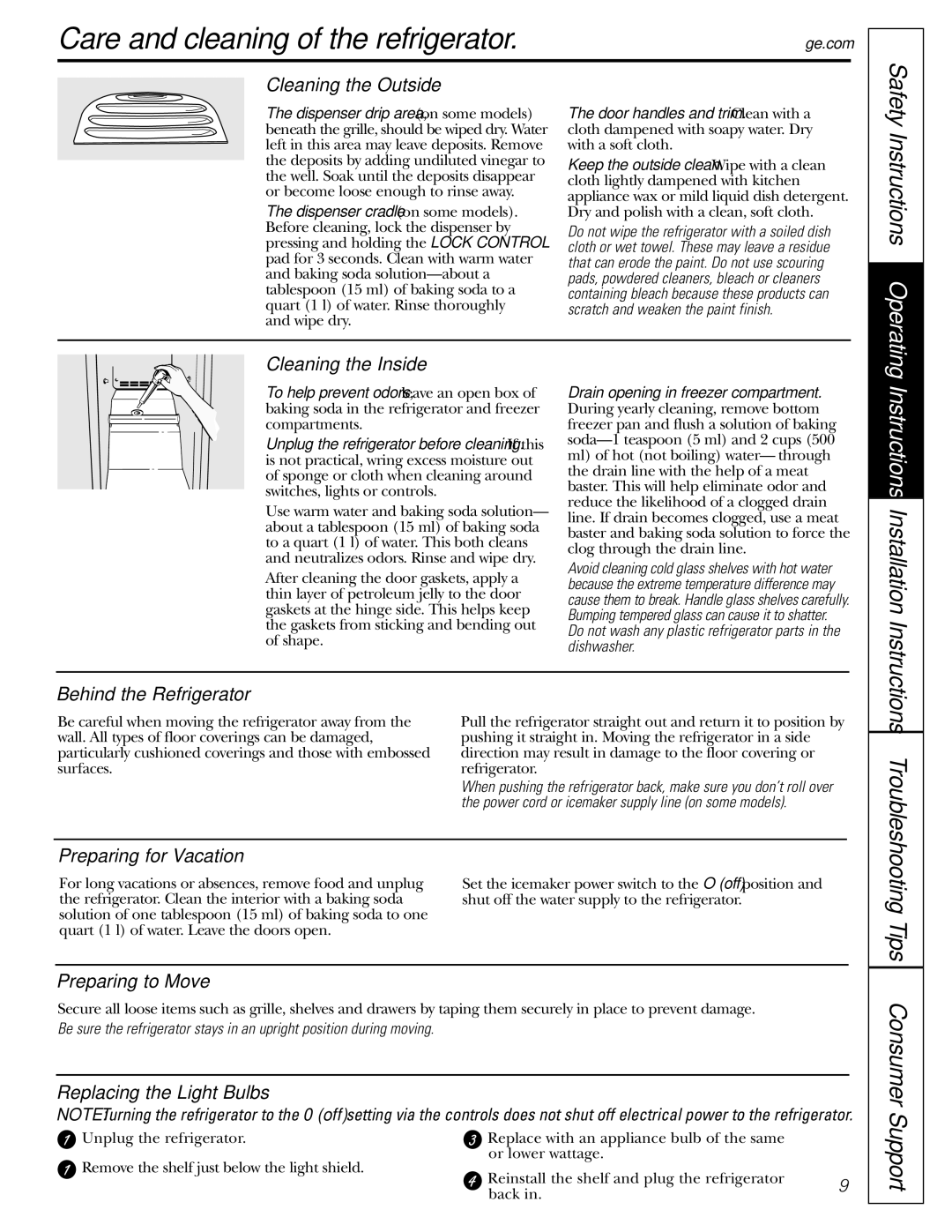 GE GSF25IGZWW manual Care and cleaning of the refrigerator 