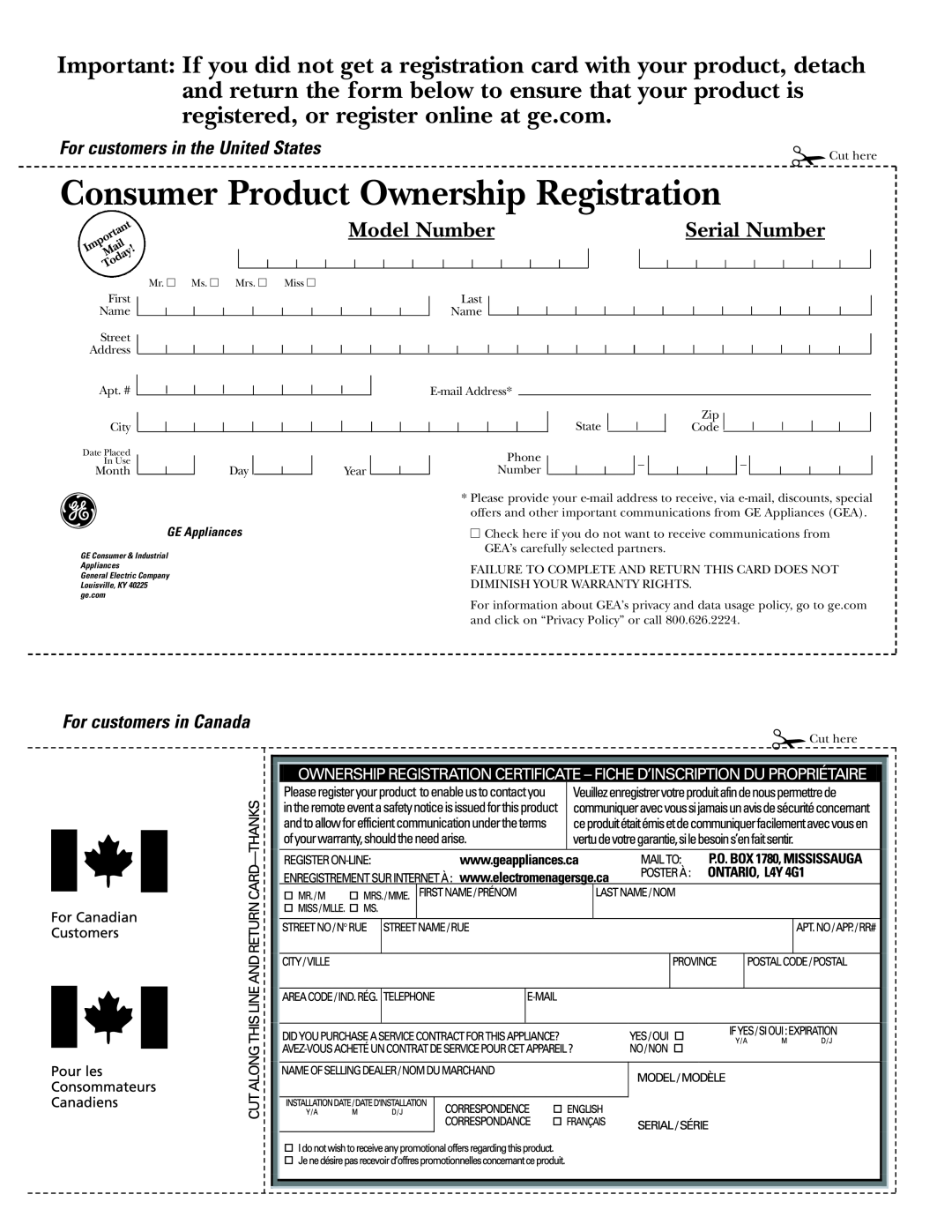 GE GSF25IGZWW manual For customers in the United States, For customers in Canada, Consumer Product Ownership Registration 