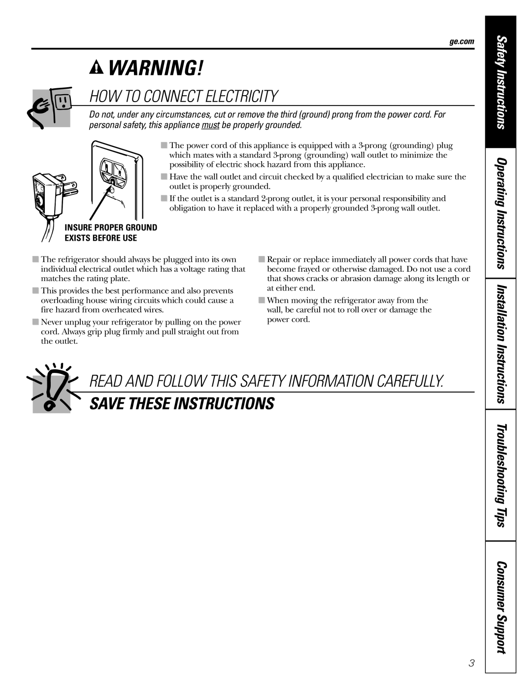 GE GSF25IGZWW manual How To Connect Electricity, Save These Instructions, Safety Instructions Operating 