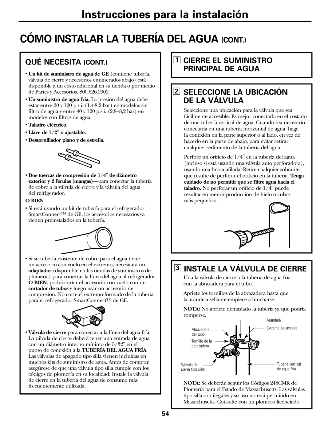 GE GSF25IGZWW manual Cómo Instalar La Tubería Del Agua Cont, Qué Necesita Cont, 3INSTALE LA VÁLVULA DE CIERRE 