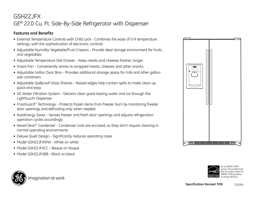 GE GSH22JFX dimensions Features and Benefits 