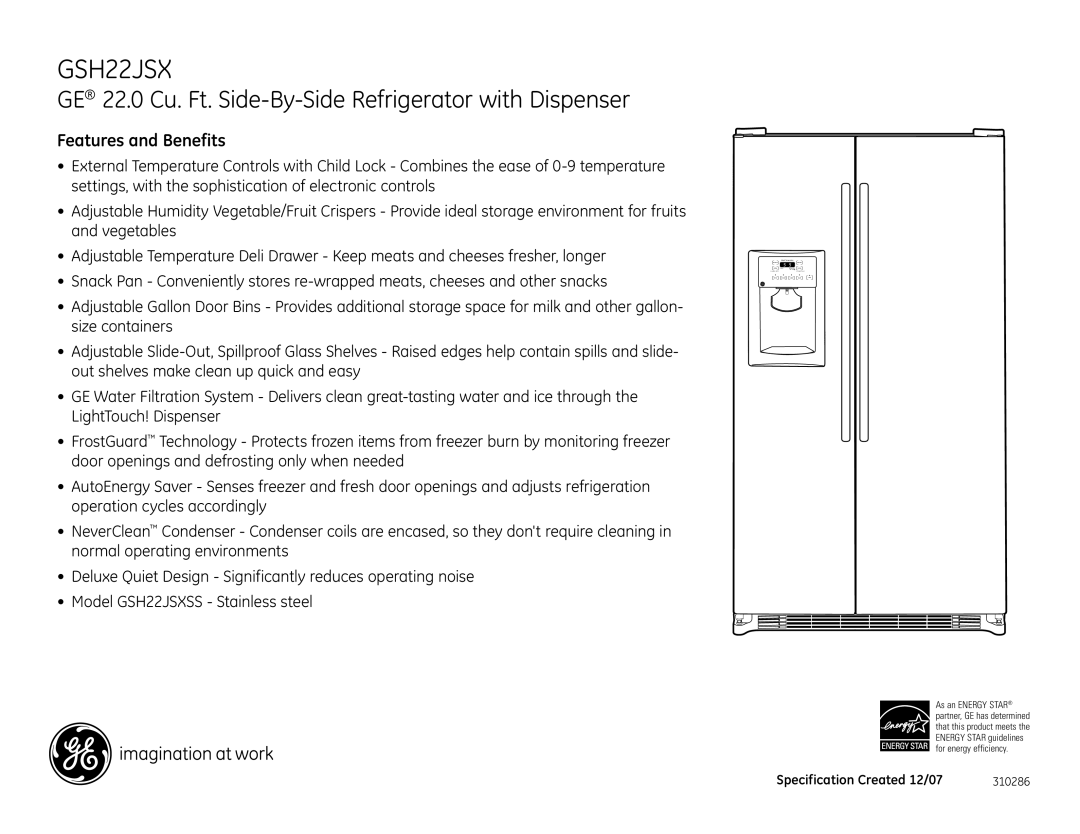 GE GSH22JSX dimensions Features and Benefits 