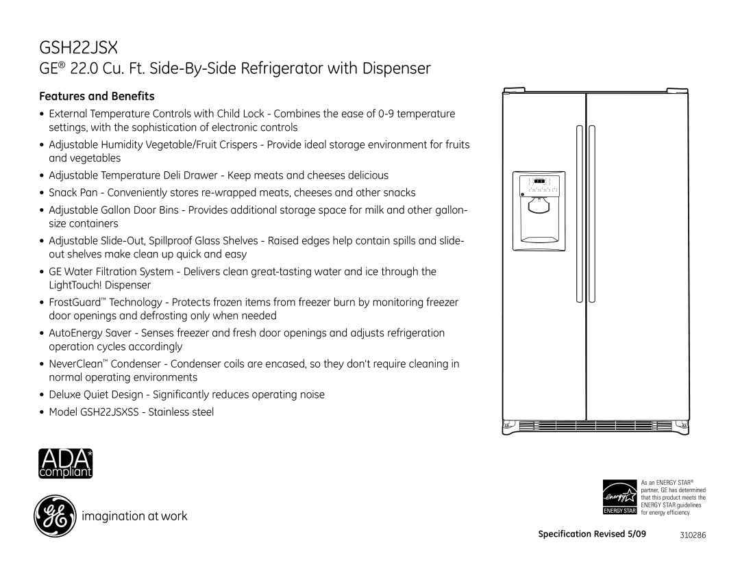 GE GSH22JSXSS dimensions Features and Benefits 