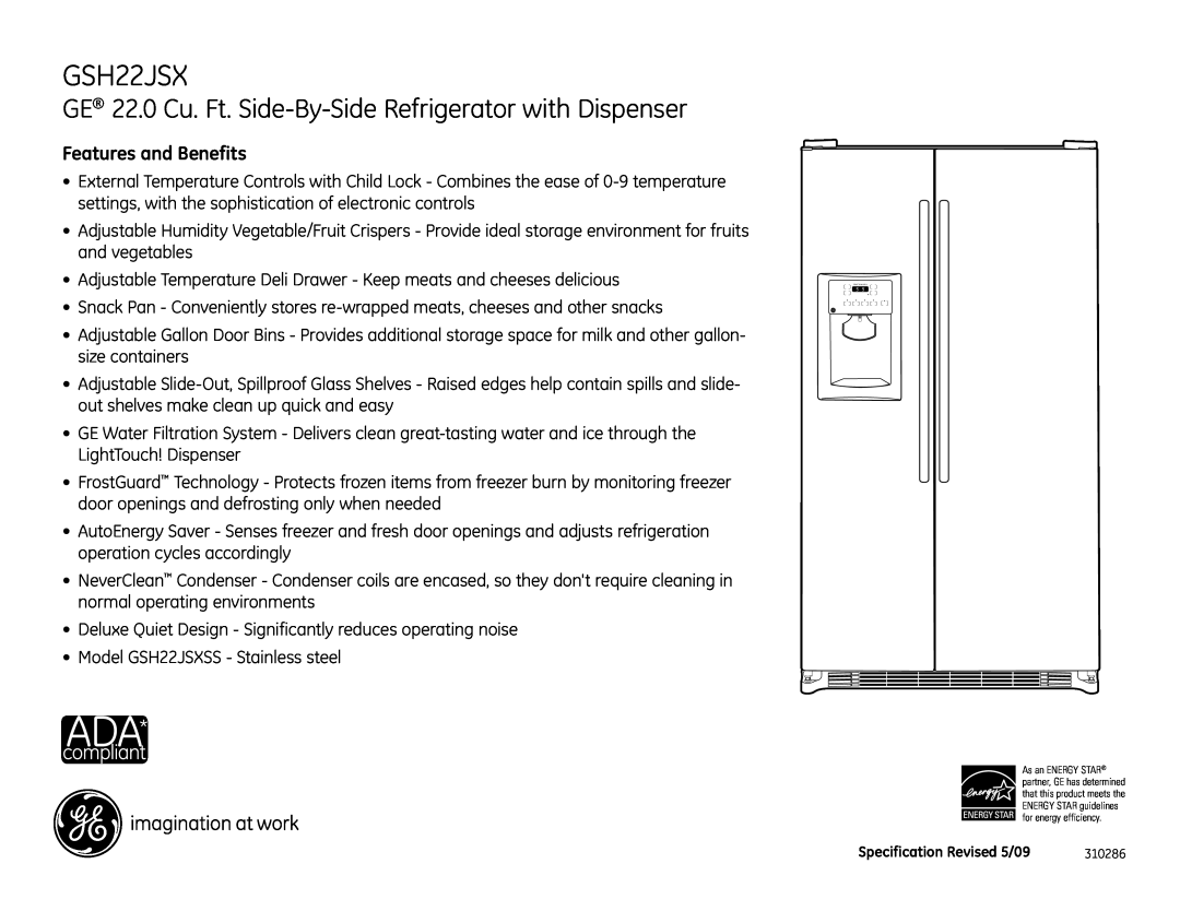 GE GSH22JSXSS dimensions Features and Benefits 