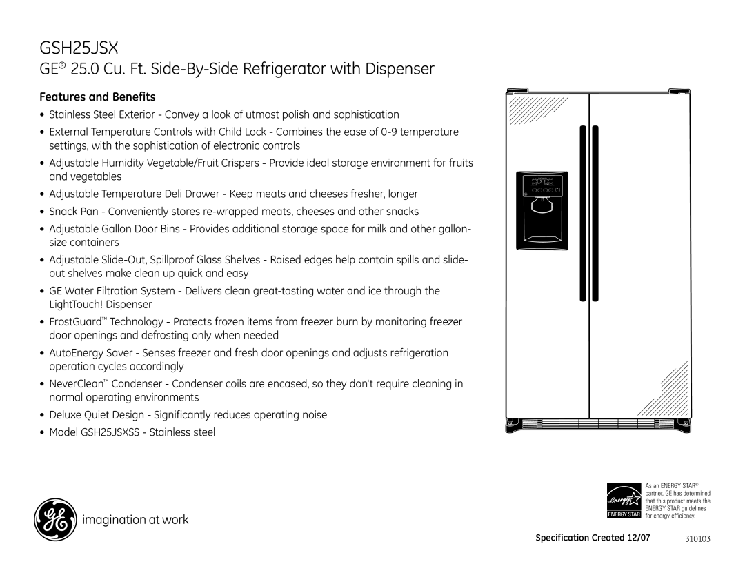 GE GSH25JSX dimensions Features and Benefits 