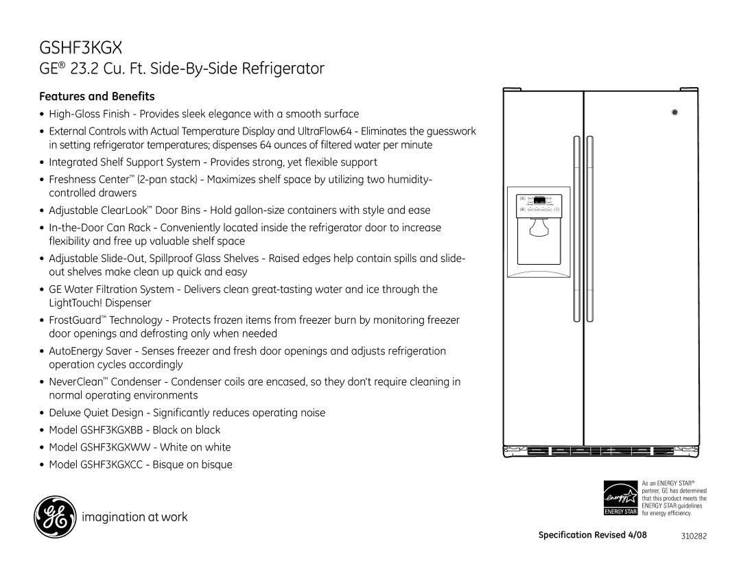 GE GSHF3KGX dimensions Features and Benefits 