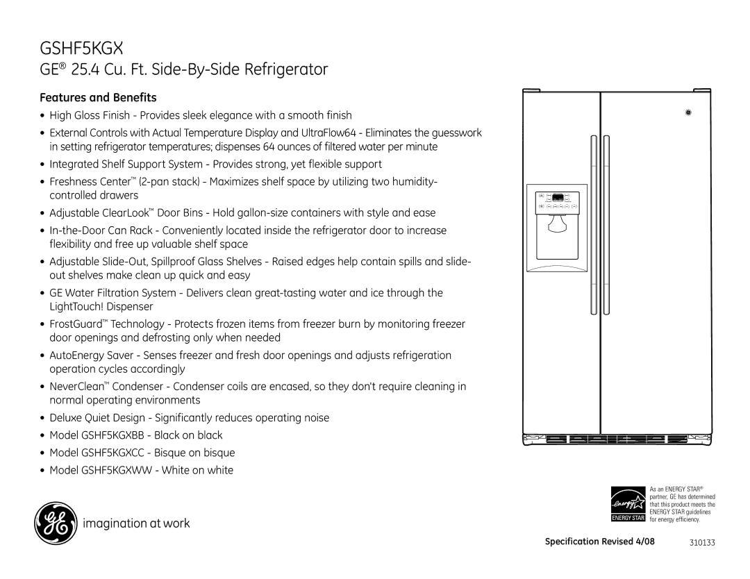 GE GSHF5KGX dimensions Features and Benefits 