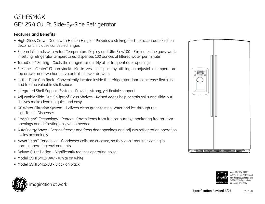 GE GSHF5MGX dimensions Features and Benefits 