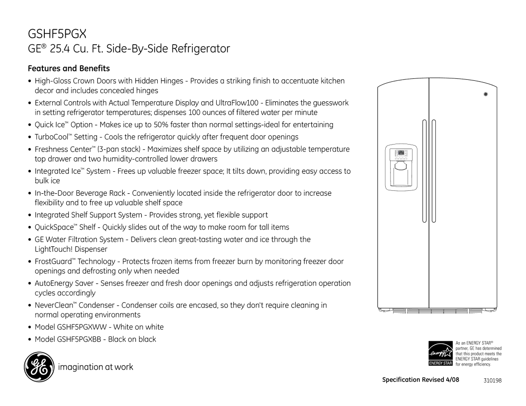 GE GSHF5PGXBB dimensions Features and Benefits 