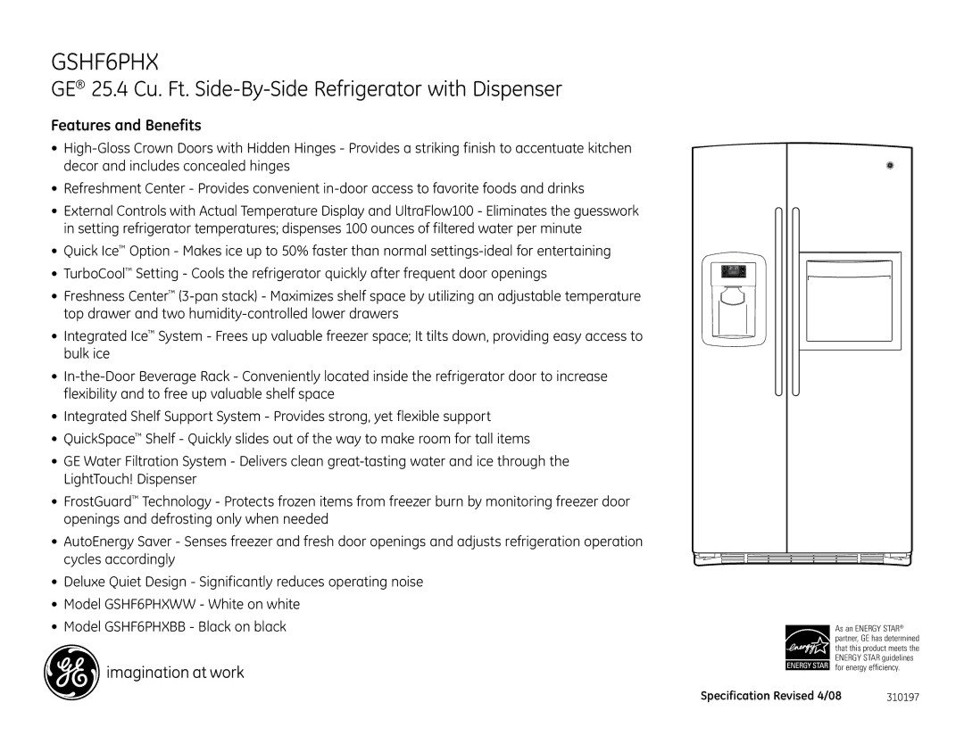 GE GSHF6PHXBB dimensions Features and Benefits, As an Energy Star 