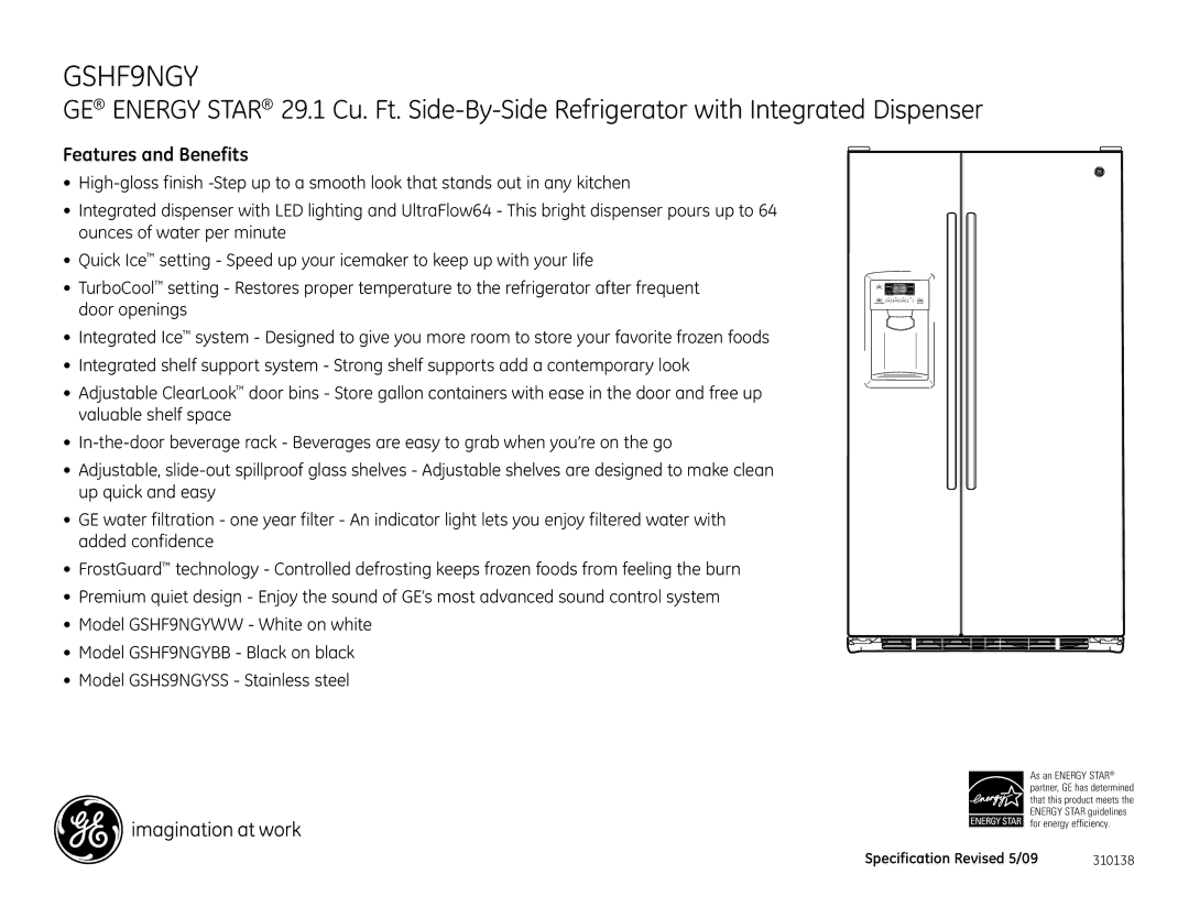 GE GSHF9NGY dimensions Features and Benefits 