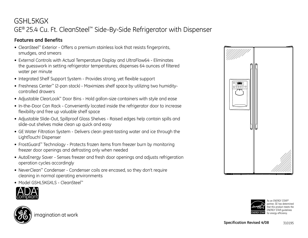 GE GSHL5KGX dimensions Features and Benefits 