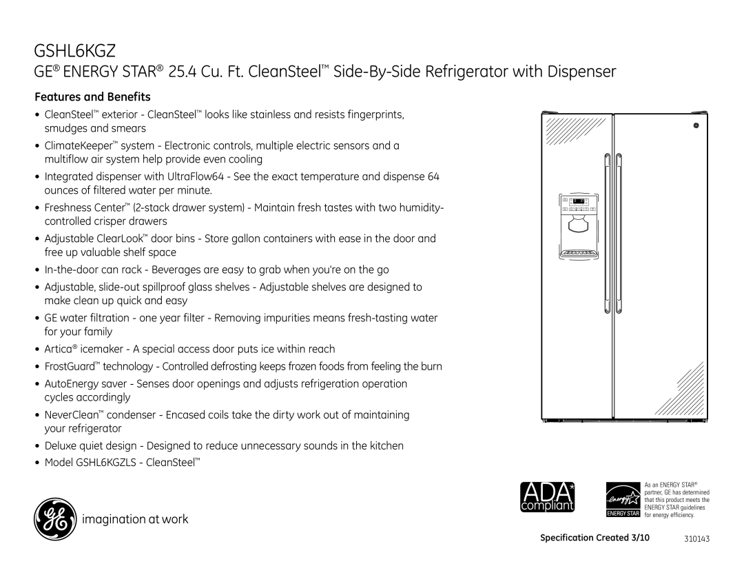 GE GSHL6KGZLS dimensions Features and Benefits 