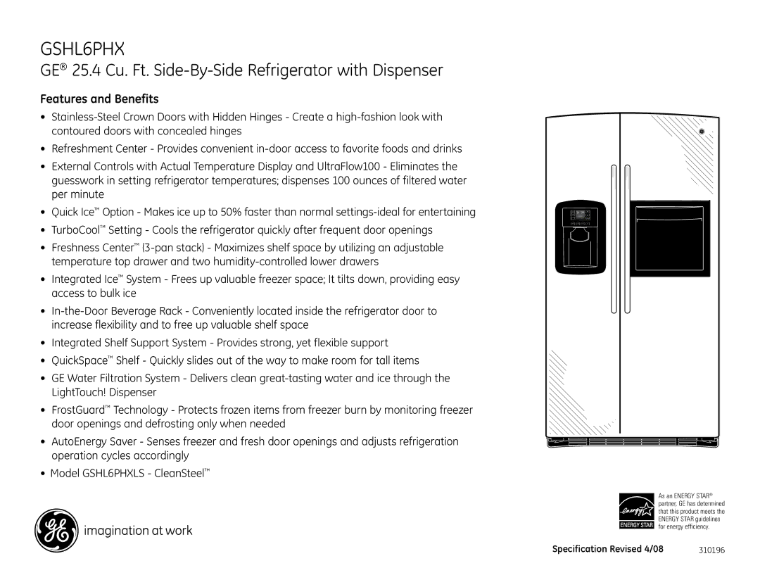 GE GSHL6PHX dimensions Features and Benefits 