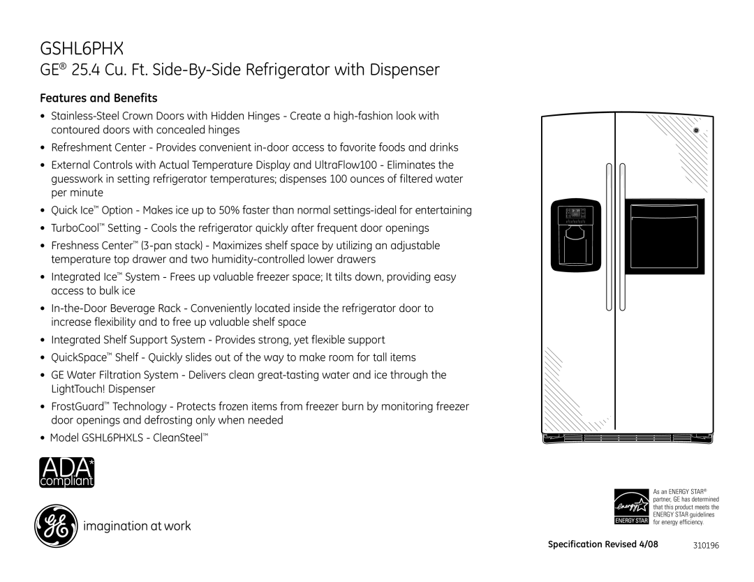 GE GSHL6PHXLS dimensions Features and Benefits 