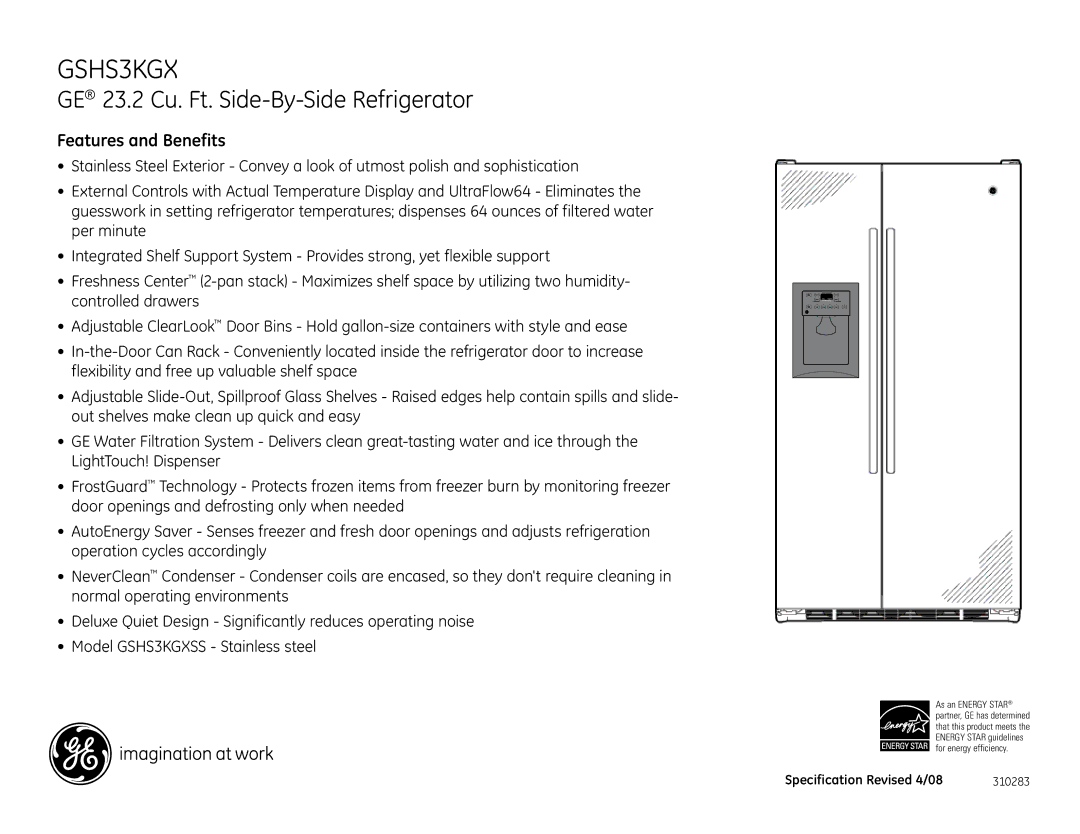 GE GSHS3KGX dimensions Features and Benefits 