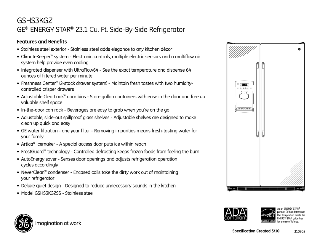 GE GSHS3KGZSS dimensions GE ENERGY STAR 23.1 Cu. Ft. Side-By-Side Refrigerator, Features and Benefits 
