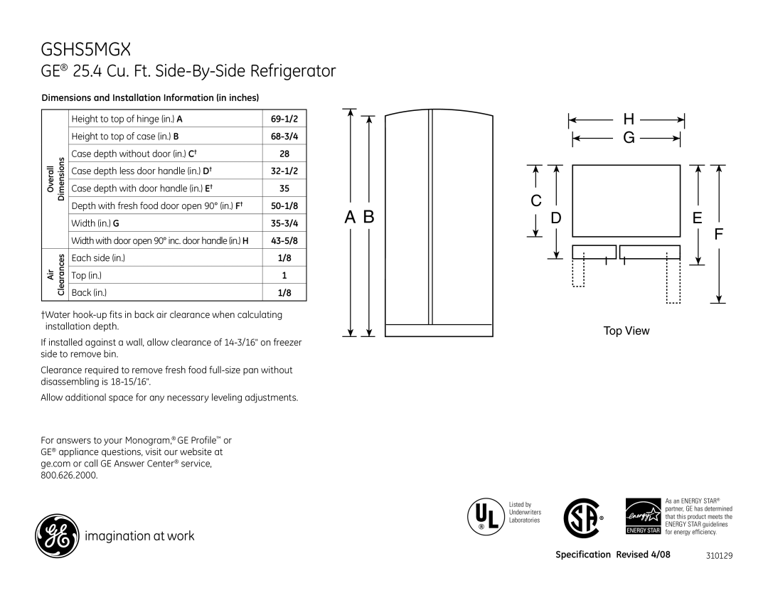 GE GSHS5MGX dimensions GE 25.4 Cu. Ft. Side-By-Side Refrigerator, Top View 