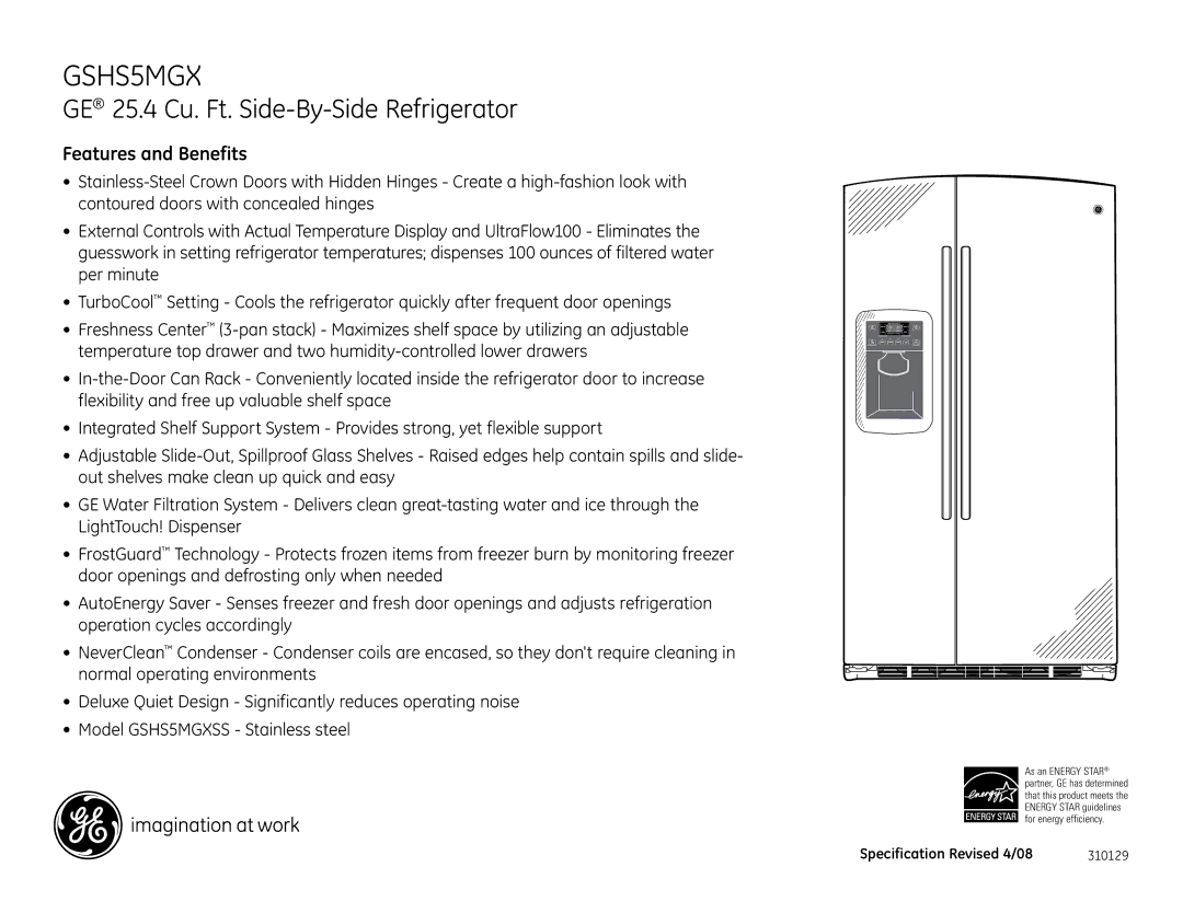 GE GSHS5MGX dimensions Features and Benefits 