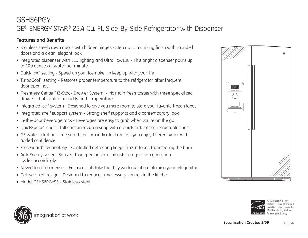 GE GSHS6PGYSS dimensions Features and Benefits 