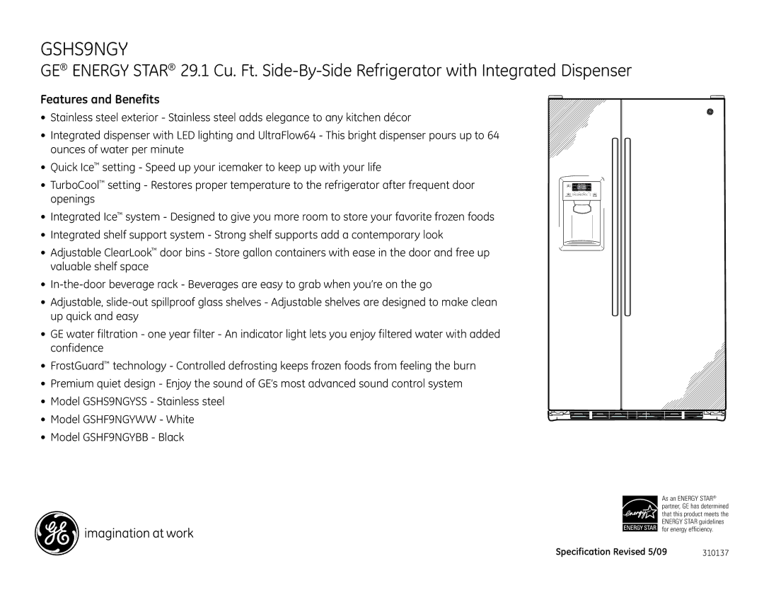 GE GSHS9NGY dimensions Features and Benefits 