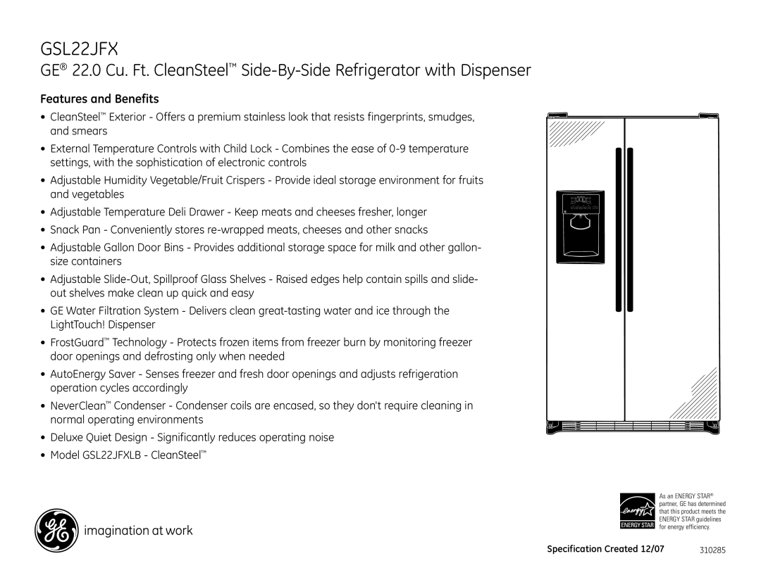 GE GSL22JFX dimensions Features and Benefits 