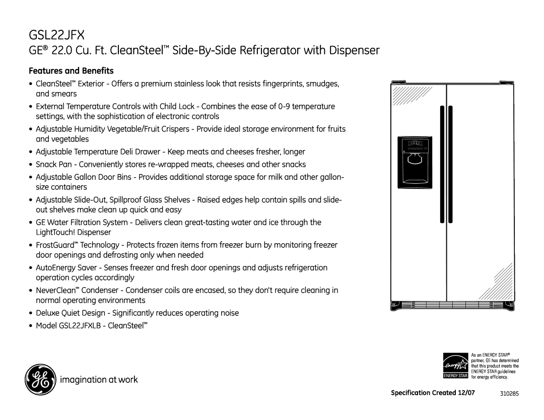 GE GSL22JFX dimensions Features and Benefits 