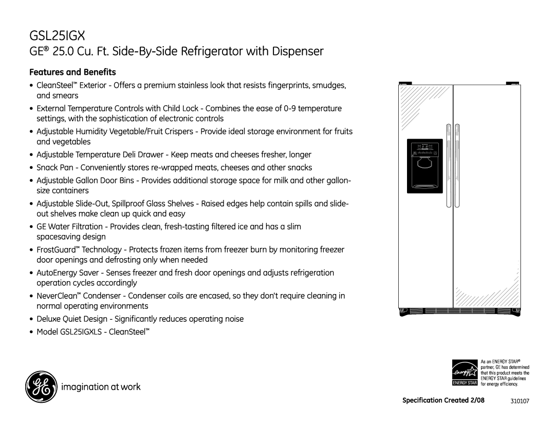 GE GSL25IGX dimensions Features and Benefits 