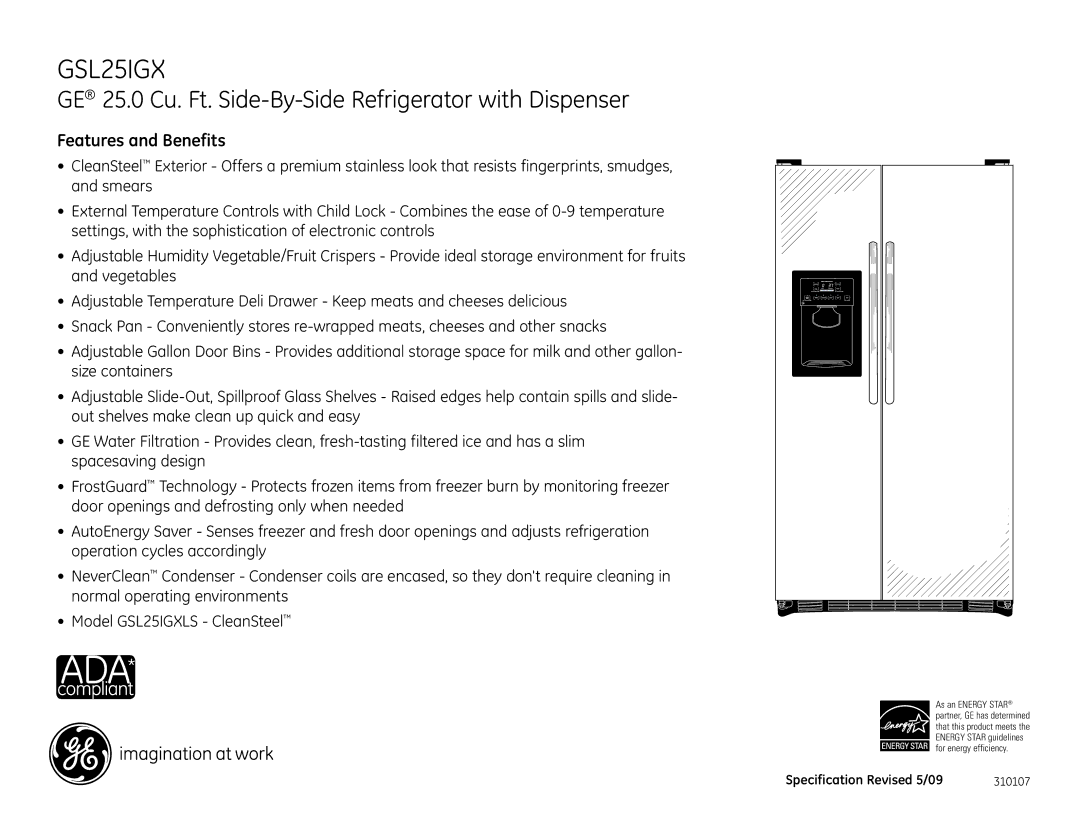 GE GSL25IGXLS dimensions Features and Benefits 