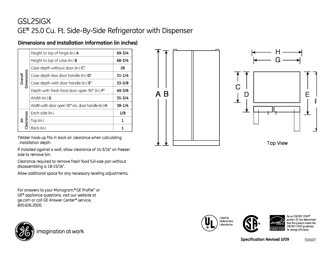 GE GSL25IGXLS dimensions Dimensions and Installation Information in inches, Top View 
