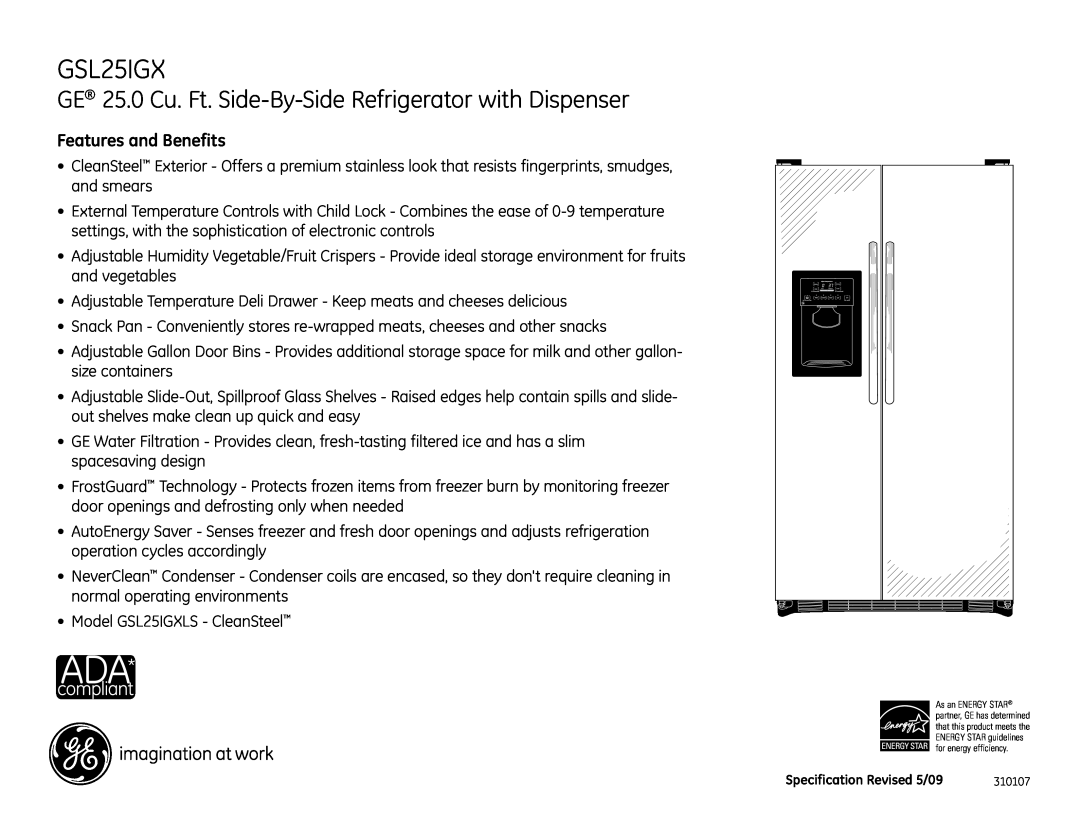GE GSL25IGXLS dimensions Features and Benefits 