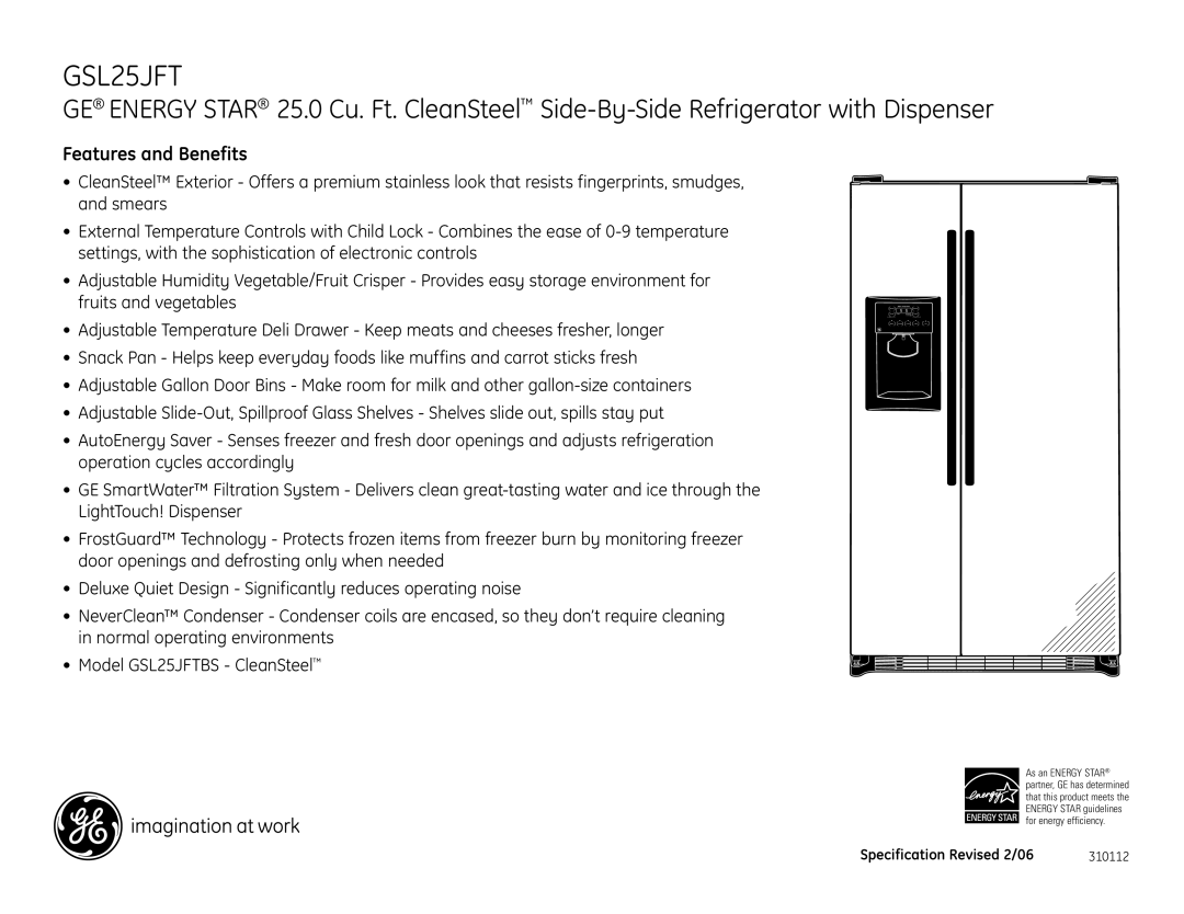 GE GSL25JFT dimensions Features and Benefits 