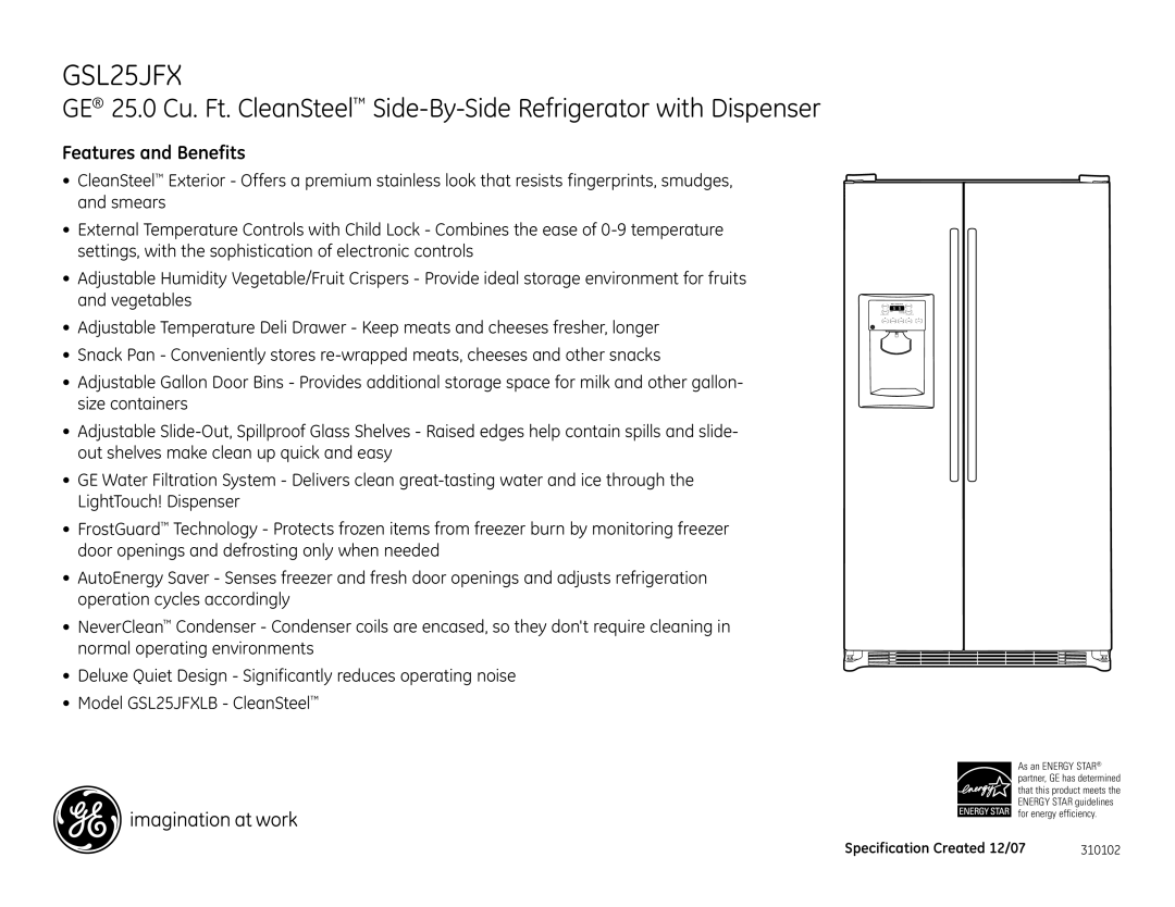 GE GSL25JFXLB dimensions Features and Benefits 