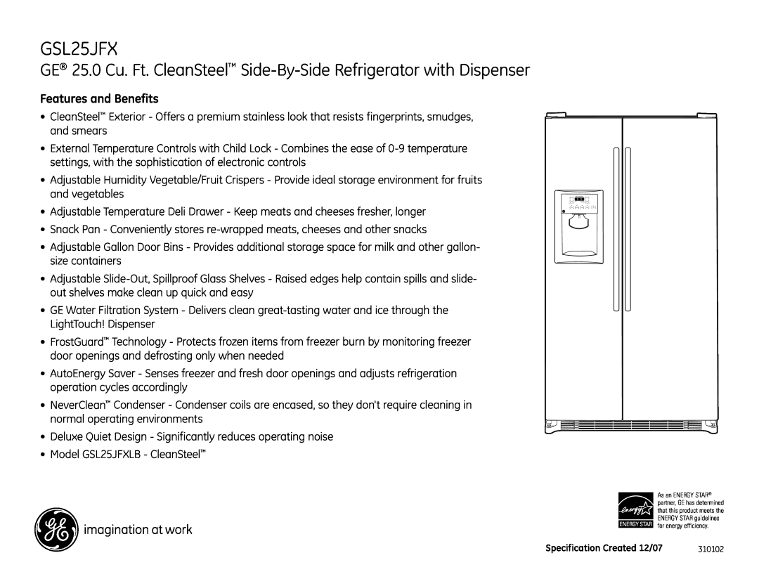 GE GSL25JFXLB dimensions Features and Benefits 