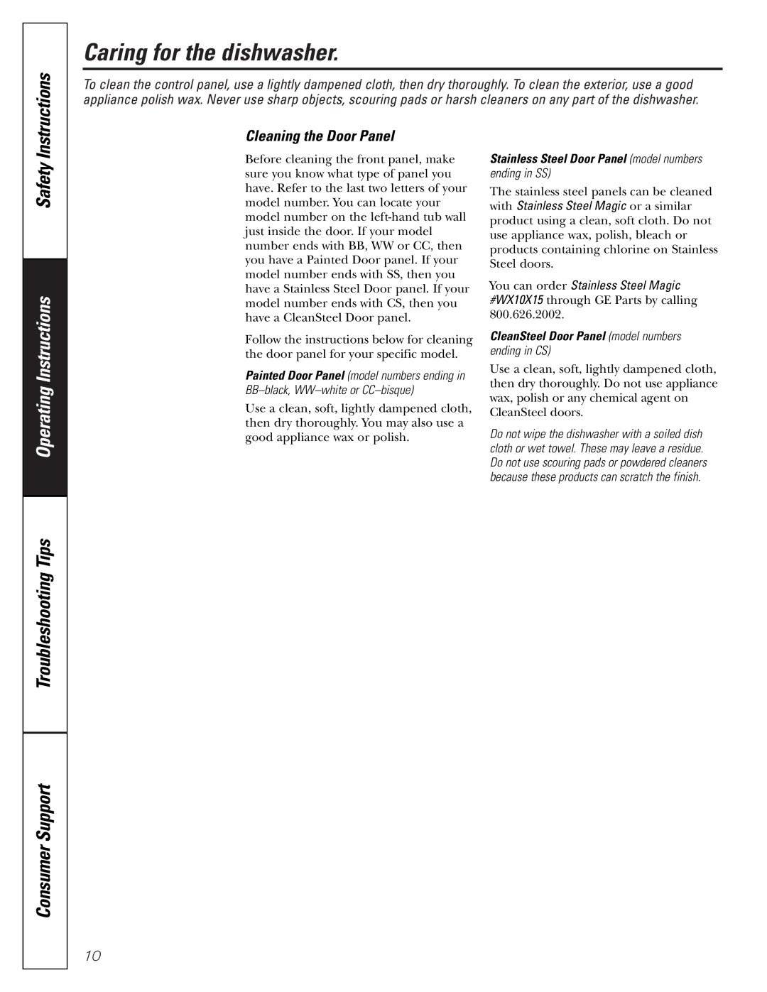 GE GSM1800 manual Caring for the dishwasher, Cleaning the Door Panel, Stainless Steel Door Panel model numbers 