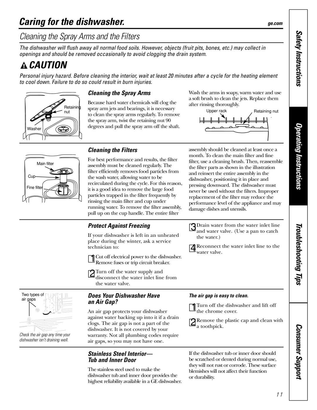 GE GSM1800 Cleaning the Spray Arms, Cleaning the Filters, Protect Against Freezing, Does Your Dishwasher Have an Air Gap? 
