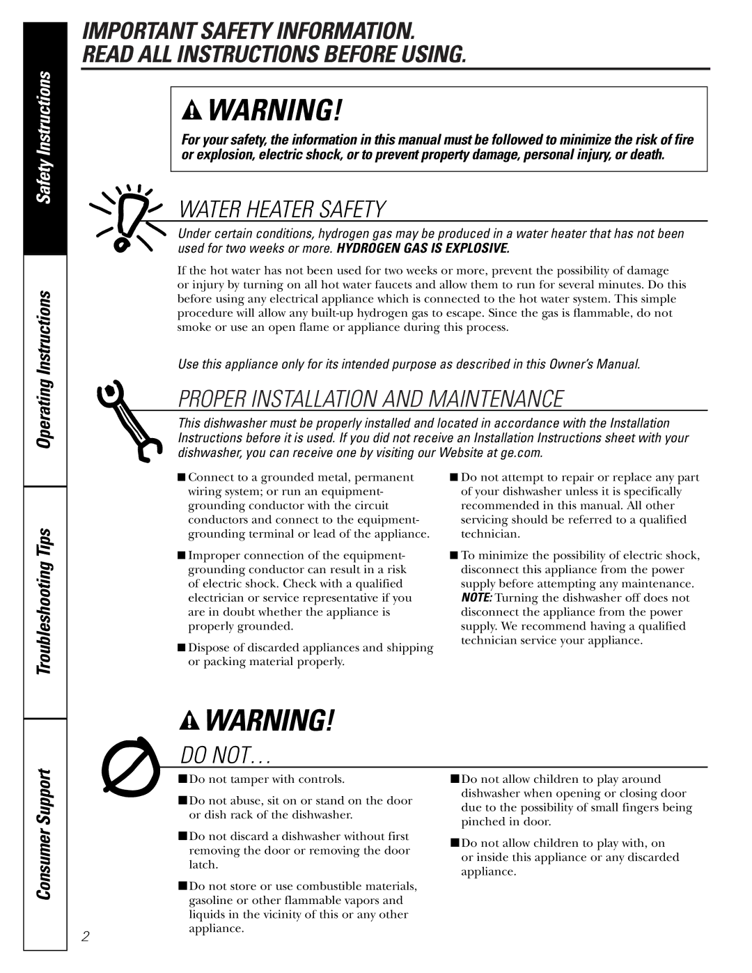 GE GSM1800 manual Water Heater Safety, Consumer Support 