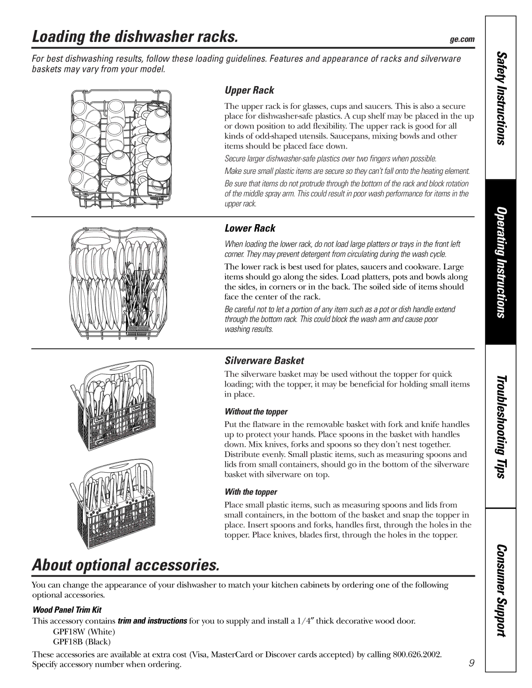 GE GSM1800 manual Loading the dishwasher racks, About optional accessories, Upper Rack, Lower Rack, Silverware Basket 
