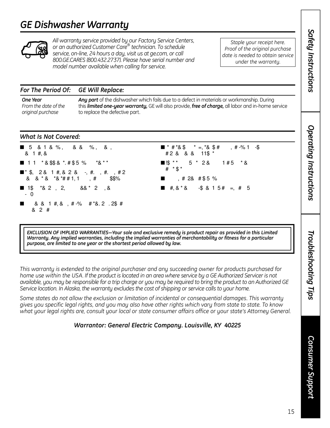 GE ADW1000, GSM2000, GHDA300, GSD3000 manual GE Dishwasher Warranty, One Year 
